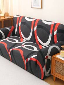 1pc Abstract Geometric Red White Gray Circular Gray Sofa Cover With Elastic All Inclusive All Season Universal Sofa Cover, Living Room Sofa Protection Cover, Home Decoration