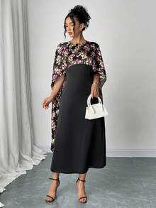Women's Elegant Floral Print Dress With Cape Sleeve/Round Neck/A-Line Silhouette, Spring/Summer - Black - View 4
