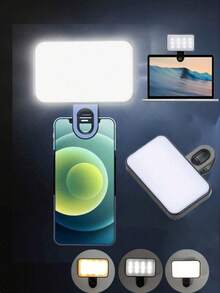 1个便携式夹式LED手机自拍灯，适用于运动摄影 - 小巧便携，亮度角度可调，USB充电（内置150mAh锂电池），非常适合自拍和视频拍摄，便携式照明 | 夹式灯 | 耐用塑料材质