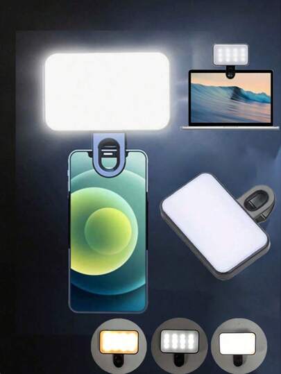 1个便携式夹式LED手机自拍灯，适用于运动摄影 - 小巧便携，亮度角度可调，USB充电（内置150mAh锂电池），非常适合自拍和视频拍摄，便携式照明 | 夹式灯 | 耐用塑料材质