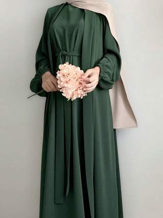 2 st/set kvinnor kimono-stil arabisk lång morgonrock jacka och lång klänning, exklusive huvudduk, modest abaya