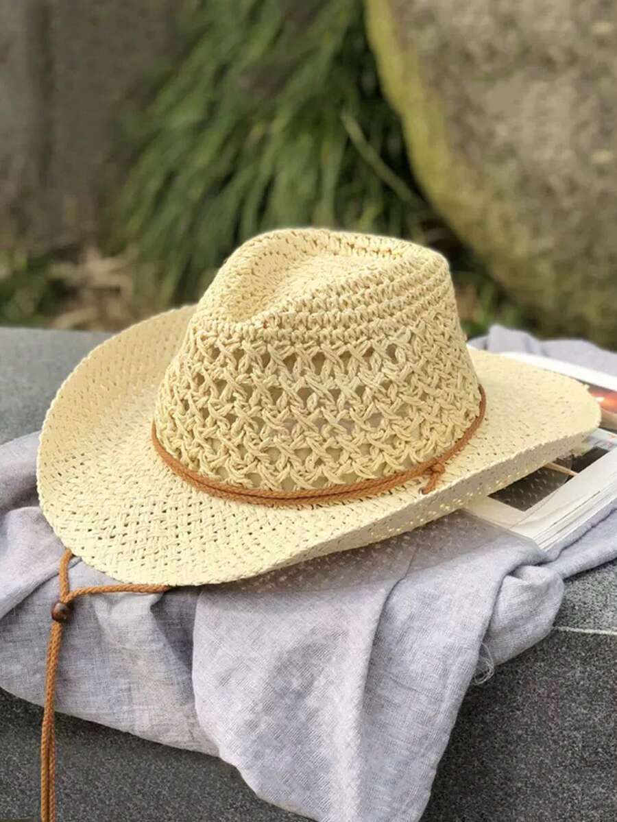 1 件时尚手工编织巴拿马牛仔草帽，波西米亚风海滩太阳帽，防紫外线，防风休闲帽，适合海边