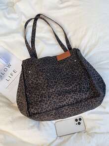 1pc Fashion Stylish Color Block Leopard Print Shoulder Tote Bag For Women, Large Capacity - Black - View 3
