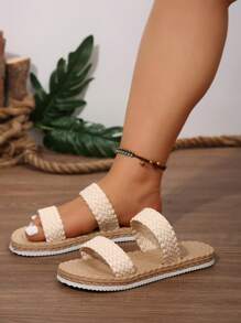 Plus Size Women's Summer New Fashion Wide Weaving Straw Bohemian Style Beige Braided Rope Sole Casual Slippers, Lightweight Comfortable Slip-On Beach Sandals, Non-Slip
