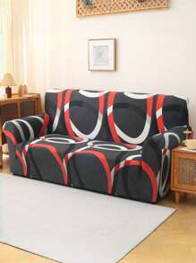 1pc Abstract Geometric Red White Gray Circular Gray Sofa Cover With Elastic All Inclusive All Season Universal Sofa Cover, Living Room Sofa Protection Cover, Home Decoration