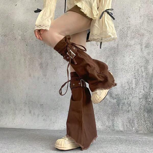 polve Y2K Subcultural Leg Warmers, Brown Vintage Flared Loose Slim Versatile Niche Crew Socks For Women
