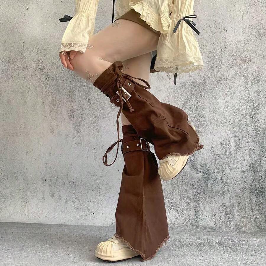 polve Y2K Subculture Brown Retro Flared Loose Slimming Versatile Niche Leg Warmers/Socks For Women - Brown (can Be Worn Within Calf Circumference 38cm) - View 1