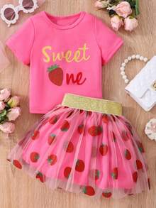 Young Girl Summer Short Sleeve Strawberry Print Mesh Dress Set - Multicolor - View 1