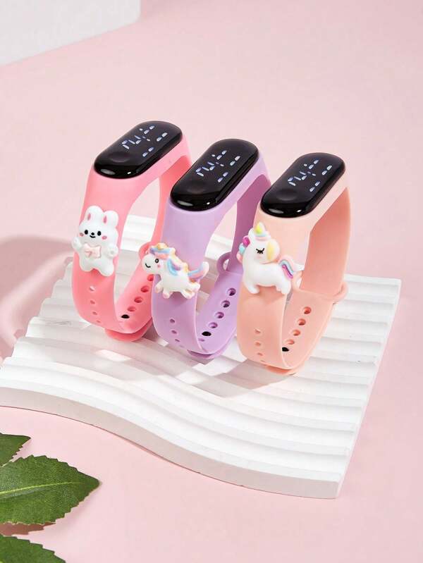 3pcs Kids LED Digital Electronic Watches, Rabbit & Unicorn Design, Cute Multi-Color LED Electronic Bracelet, LED Digital Children Wristwatch