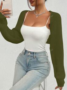 1 Peça Casaco Curto Feminino de Tricô Canelado de Cor Sólida, Estilo Minimalista, Suéter Casual de Verão
