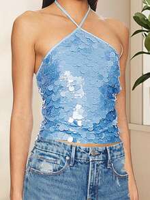 Women Sequin Glitter Tops Sleeveless Halter Tie Back Backless Tank Tops Sparkly Party Rave Going Out Top - Blue - View 2