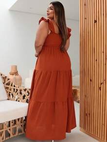 Vestido longo plus size, com alça, babado três marias, latex nas costas, moda femenina, elegância, versátil, em tecido duna. - Laranja Queimado - Visão 3