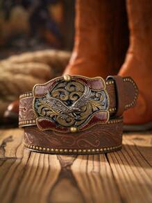 1 pieza Cinturón de estilo vaquero occidental bohemio unisex con hebilla con diseño de animal, marrón oscuro vintage, informal para todas las estaciones