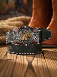 1 pieza Cinturón de estilo vaquero occidental bohemio unisex con hebilla con diseño de animal, marrón oscuro vintage, informal para todas las estaciones