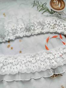 Double couche de bordure en dentelle à volants avec broderie, fournitures d'artisanat de couture, bordure en dentelle polyester pour robes de poupées, chaussures, chapeaux, sacs, décoration de rideaux - Blanc - Voir 2