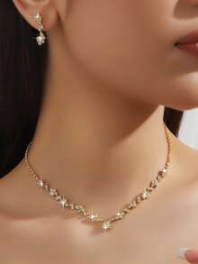 3件套简约闪耀钻石水滴项链耳环首饰套装，适合女士婚礼、生日、周年纪念派对佩戴 - 玫瑰金 - 查看 2