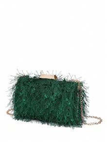 Mini Fuzzy Tassel Box Clutch Purse - Dark Green - View 2