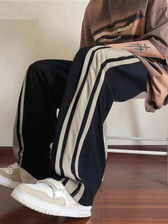 1pc Men's Loose Fit Summer Breathable Casual Pants, Suitable For Beach, Holiday, Commuting, Workout, Outdoor, Fitness, Jogging, Sports, Loose Straight Leg Striped Trousers, Fashionable Street Style, Fall