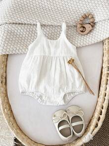 Bộ đồ liền thân không tay màu trắng ngọt ngào cho bé gái sơ sinh, thường ngày mùa hè - trắng - Xem 5