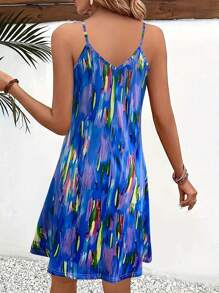 Abito a V da donna estivo - Abito da spiaggia senza maniche con stampa all-over per vacanze, Abito da spiaggia SlayDiva per donna, Abito mini fluido bohémien, Outfit da vacanza di moda per donne