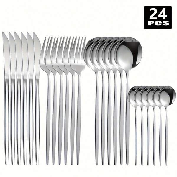 24pcs Stainless Steel Cutlery Set From Portugal, Featuring A Creative Silver Design For Western Dining. Includes Steak Knives, Forks, And Spoons. Suitable For Home And Restaurant Use, Dishwasher Friendly.,School Supplies