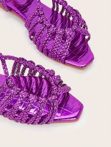 Deep Purple Handmade Woven Strap Woven Face With Twist Knot Craft, Stone Texture Material, Fashionable Women's Flat Sandals, Woven Texture And Stone Texture Are Random - Dark Purple - View 6