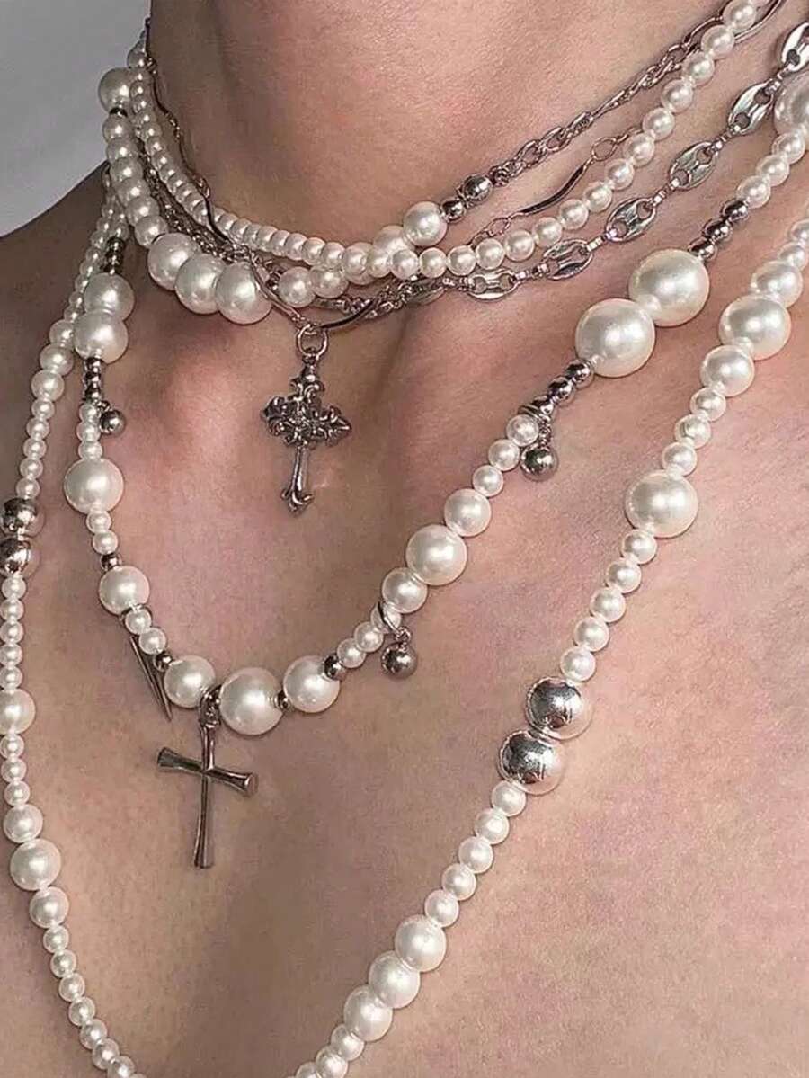 1pc Minimalist Cross Pendant Necklace, Asymmetrical Beaded Multilayer, Elegant & Luxury Clavicle Chain For Women - Multicolor - View 1