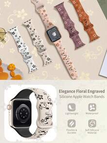 Floral Engraved Bands Compatible With Apple Watch Band 41mm 40mm 44mm 45mm 42mm 38mm 49mm 46mm For Women,Cute Flower Two-Tone Flower Soft Bands Soft Silicone Sport Strap Compatible With IWatch Series SE 11 10 9 8 7 6 5 4 3 2 1 Ultra - Milk Tea/brown - View 5