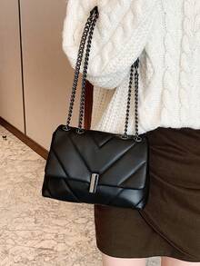 Fashionable Versatile Diamond Lattice Chain Strap Crossbody Shoulder Bag - Black - View 7