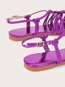 Deep Purple Handmade Woven Strap Woven Face With Twist Knot Craft, Stone Texture Material, Fashionable Women's Flat Sandals, Woven Texture And Stone Texture Are Random - Dark Purple - View 7