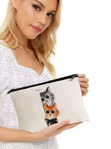1pc Cute Cat Pattern Cosmetic Bag, Portable Travel Organizer Pouch, Women Handbag, Summer Bag, Ramadan Bag, Makeup Bag, Wallet, Graduation Backpack - Multicolor - View 2