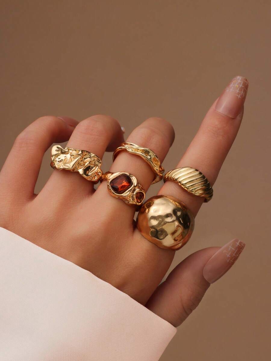5pcs Exaggerated Faux Jade Wrinkled Large Glossy Gold Ring Set, Suitable For Women's Daily And Party Wear - C - View 1
