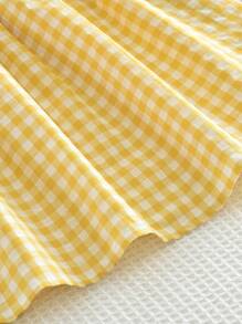 Young Girls Sweet And Cute Style Grid Print Woven Fabric Lace Trim Collar Tank Dress For Summer