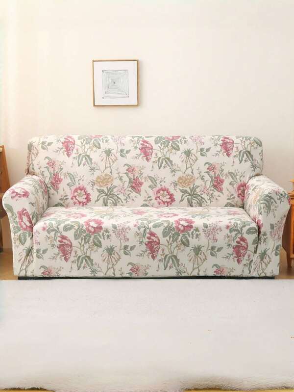 1pc Country Style Pink & White Floral Stretch Beige Sofa Cover, Universal 4 Seasons Simple Sofa Slipcover, Living Room Furniture Protector