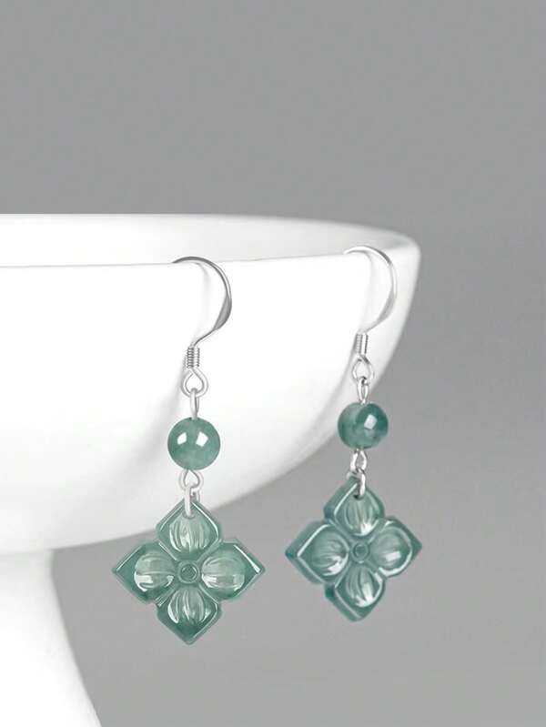 S925 Silver Natural A-Level Jade Earrings, Elegant Women's Pendant Earrings In Clover Shape Style, Suitable For Daily, Festival, Vacation, Party, Date Wear, Mother's Day Gift, Suitable For Gift Giving.Authentic S925 Sterling Silver Earrings With Inlaid Translucent Green Jade Balls & Secure Lobster Clasps For Women's Wedding/Birthday Gift - Includes FREE Luxury Gift Box (Certified Hypoallergenic)