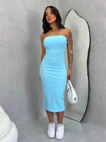 Strapless Ribbed Midi Dress In ANARRUGA FABRIC - Màu xanh nhạt - Xem 2