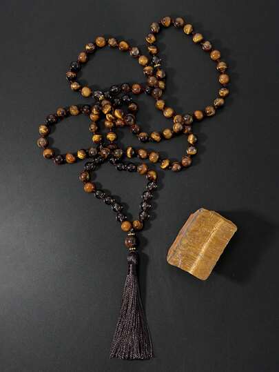 108 Bead Mala Necklace 8mm Tiger Eye With Smoky Quartz Bohemian Tassel Necklace For Men And Women Meditation Prayer Jewelry