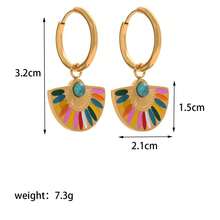 Vintage French Fan-Shaped Boho Colorful Drop Oil Stainless Steel Earrings, High-End Luxury Emerald CZ Embedded Titanium Steel Gold Jewelry - Yellow Gold - View 4
