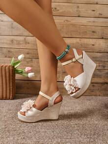 Women's Floral Decor Rope Sole Sandals, Resort Style Summer Pink Wedge Sandals - Beige - View 6