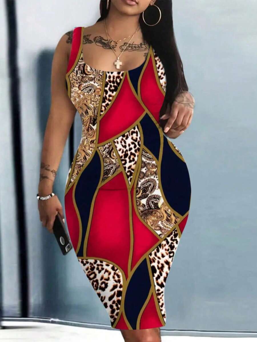 Plus Size Floral Print Fitted Slip Dress, Spring/Summer - Đỏ - Xem 1