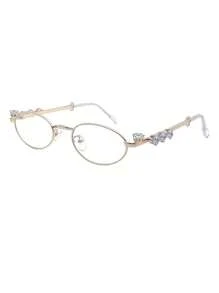 1pc Rhinestone Decor Oval Glasses, Vintage Elegant Eyewear For Women, Daily Accessories With Transparent/Tinted Lenses & Alloy Frame For Summer Beach Vacation,Outdoor,Travel Preppy Style For Back To School