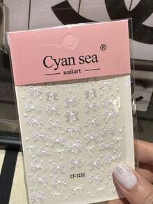 1片白色蕾丝蝴蝶结美甲贴纸，高品质5D仿珍珠水钻设计，自粘式美甲装饰贴纸，美甲用品，美甲贴纸 - 白色 - 查看 5