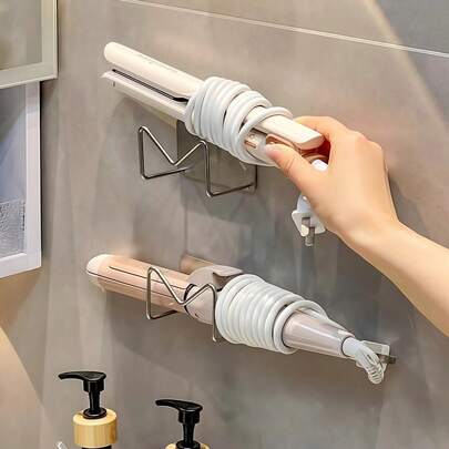 1个免钻孔壁挂式卷发棒/直发器支架 | 金属浴室梳妆台收纳架，可放置化妆品/眼镜 | 强力粘胶水槽下直发器支架 | 多功能美发工具壁挂式收纳架，浴室配件