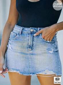 女士不对称破洞牛仔裙，时尚百搭，适合夏季休闲穿着 - 淺色水洗藍 - 查看 6