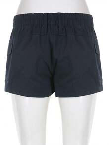 Women Cargo Shorts Elastic Low Waist Pocket Y2k Egirls Slim Fitted Shorts Vintage Harajuku Streetwear - 黑色 - 查看 6