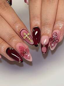 24 件长杏仁 3D 凝胶指甲制作花朵指甲设计法式尖头按压指甲中号三维合金十字架装饰仿珍珠设计完美贴合亚克力假指甲套装，包括：1 件果冻胶和 1 件指甲锉，法式杏仁尖头指甲适合女士女孩日常工作节日派对使用美甲用品指甲 - 彩色 - 查看 8