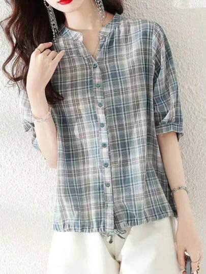 YUXIN 时尚格纹V领设计，透气短袖衬衫——休闲舒适，日常穿着之选，夏季外出必备单品