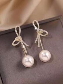 1 Pair Bowknot Faux Pearl Earrings, New 2025 French Design Personalized Stud Earrings, Suitable For Banquet, Ball