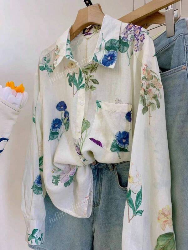 Women Floral Print Button Pocket Long Sleeve Shirt