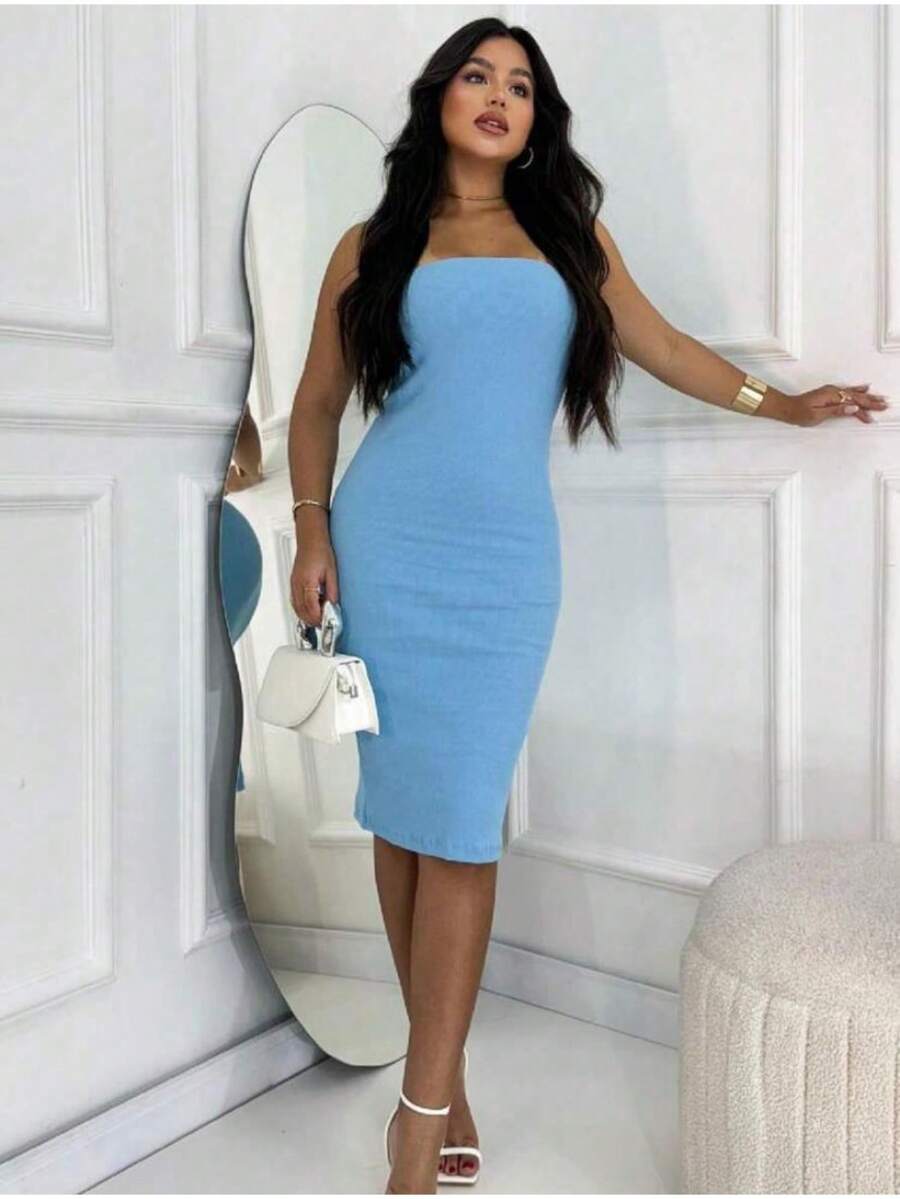 Strapless Ribbed Midi Dress In ANARRUGA FABRIC - Màu xanh nhạt - Xem 1